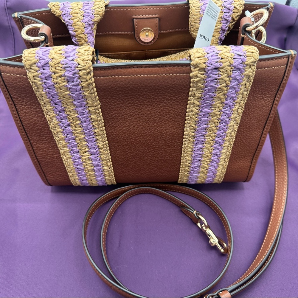 Coach Tan and Purple Leather Tote - Picture 2 of 5